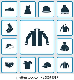 Garment Icons Set. Collection Of Sneakers, Trilby, Casual And Other Elements. Also Includes Symbols Such As Cap, Fedora, Pants.