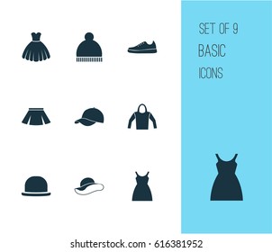 Garment Icons Set. Collection Of Stylish Apparel, Dress, Elegant Headgear And Other Elements. Also Includes Symbols Such As Sarafan, Sneakers, Ski.