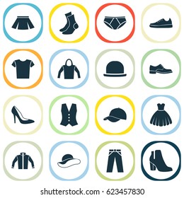 Garment Icons Set. Collection Of Stylish Apparel, Waistcoat, Trilby And Other Elements. Also Includes Symbols Such As Trilby, Half-Hose, Clothes.