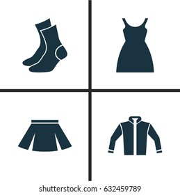 Garment Icons Set. Collection Of Stylish Apparel, Dress, Cardigan And Other Elements. Also Includes Symbols Such As Half-Hose, Woman, Garment.