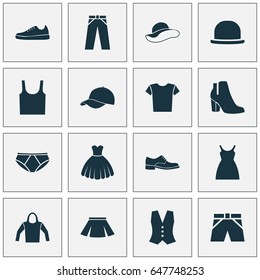 Garment Icons Set. Collection Of Stylish Apparel, Elegance, Trilby And Other Elements. Also Includes Symbols Such As Trilby, Vest, Underpants.