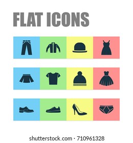 Garment Icons Set. Collection Of Stylish Apparel, Casual, Pants And Other Elements. Also Includes Symbols Such As Sneakers, Leggings, Panama.