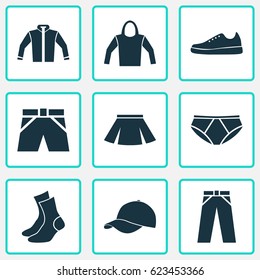 Garment Icons Set. Collection Of Sweatshirt, Cardigan, Half-Hose And Other Elements. Also Includes Symbols Such As Shorts, Trousers, Trilby.