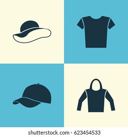 Garment Icons Set. Collection Of Sweatshirt, Elegant Headgear, Casual And Other Elements. Also Includes Symbols Such As Wear, Visor, Sweatshirt.