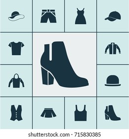 Garment Icons Set. Collection Of Sweatshirt, Dress, Trunks Cloth And Other Elements. Also Includes Symbols Such As Dress, Female, Tank.