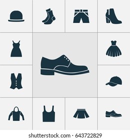 Garment Icons Set. Collection Of Trilby, Half-Hose, Dress And Other Elements. Also Includes Symbols Such As Cloth, Fedora, Dress.