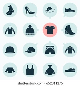 Garment Icons Set. Collection Of Trilby, Stylish Apparel, Beanie And Other Elements. Also Includes Symbols Such As Shirt, Casual, Singlet.