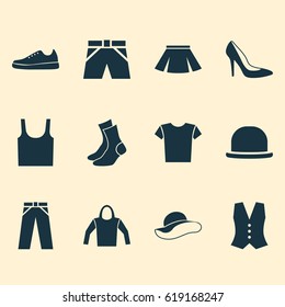 Garment Icons Set. Collection Of Trunks Cloth, Panama, Waistcoat And Other Elements. Also Includes Symbols Such As Pants, Half-Hose, Woman.