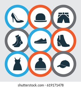 Garment Icons Set. Collection Of Trunks Cloth, Dress, Sneakers And Other Elements. Also Includes Symbols Such As Trilby, Socks, Ski.
