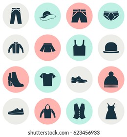 Garment Icons Set. Collection Of Trunks Cloth, Briefs, Sweatshirt And Other Elements. Also Includes Symbols Such As Gumshoes, Skirt, Leggings.