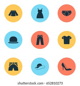 Garment Icons Set. Collection Of Trunks Cloth, Stylish Apparel, Heel Footwear And Other Elements. Also Includes Symbols Such As Casual, Headgear, Apparel.