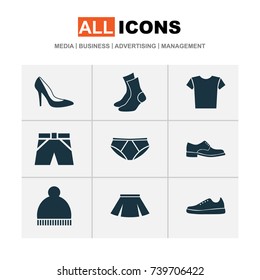 Garment Icons Set. Collection Of Trunks Cloth, Heel Footwear, Half-Hose And Other Elements. Also Includes Symbols Such As Trunks, Socks, Shorts.