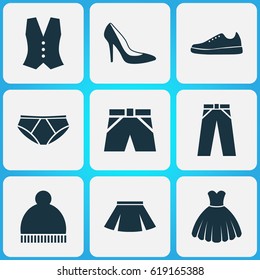 Garment Icons Set. Collection Of Waistcoat, Beanie, Pants And Other Elements. Also Includes Symbols Such As Shorts, Skirt, Leggings.