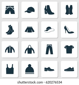 Garment Icons Set. Collection Of Waistcoat, Singlet, Trilby And Other Elements. Also Includes Symbols Such As Skirt, Beanie, Woman.