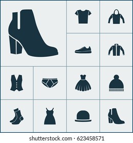 Garment Icons Set. Collection Of Waistcoat, Dress, Cardigan And Other Elements. Also Includes Symbols Such As Socks, Female, Shirt.