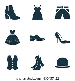 Garment Icons Set. Collection Of Waistcoat, Dress, Heel Footwear And Other Elements. Also Includes Symbols Such As Sarafan, Female, Boots.