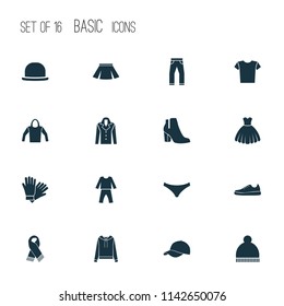 Garment icons set with knickers, boots, sweatshirt and other fashionable elements. Isolated vector illustration garment icons.