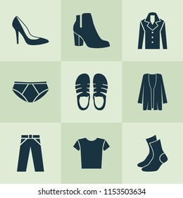 Garment icons set with woman shoe, fashionable, socks and other female winter shoes elements. Isolated vector illustration garment icons.