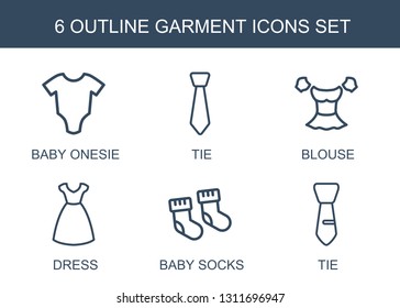 garment icons. Trendy 6 garment icons. Contain icons such as baby onesie, tie, blouse, dress, baby socks. garment icon for web and mobile.