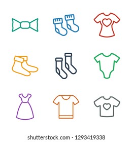 garment icons. Trendy 9 garment icons. Contain icons such as t shirt with heart, t shirt, dress, baby onesie, socks, baby socks, bow tie. garment icon for web and mobile.