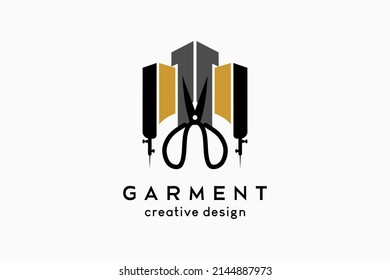 Garment logo design, scissors silhouette combined with building icon in a creative concept