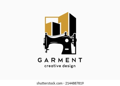 Garment logo design, sewing machine silhouette combined with building icon in a creative concept