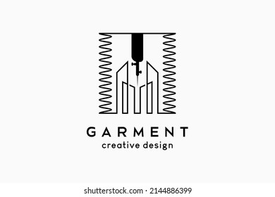 Garment logo design, silhouette of a sewing machine needle combined with a building icon in a box with a line art concept or thread stitching
