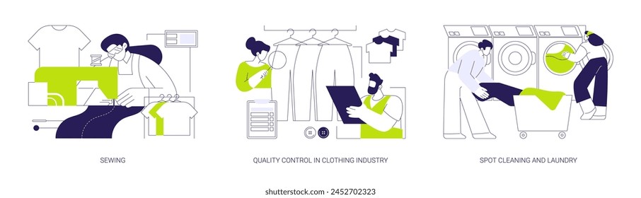 Garment manufacturing abstract concept vector illustration set. Sewing clothes, quality control in clothing industry, spot cleaning and laundry, apparel production, light industry abstract metaphor.