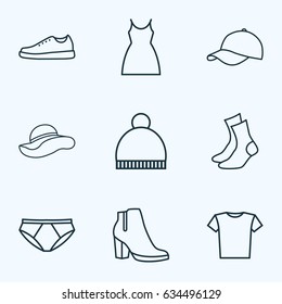 Garment Outline Icons Set. Collection Of Hat, Gown, Blouse And Other Elements. Also Includes Symbols Such As Woman, Beanie, Dress.