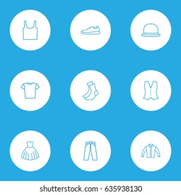 Garment Outline Icons Set. Collection Of Pants, Singlet, Fedora And Other Elements. Also Includes Symbols Such As Pants, Socks, Singlet.