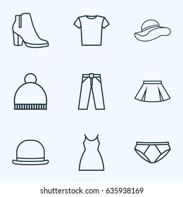 Garment Outline Icons Set. Collection Of Heels, Gown, Pompom And Other Elements. Also Includes Symbols Such As Napper, Feminine, Breeches.