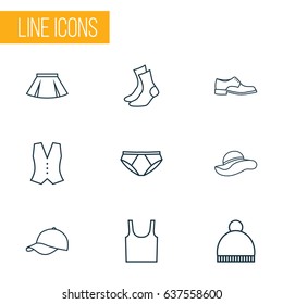 Garment Outline Icons Set. Collection Of Waistcoat, Pompom, Panama And Other Elements. Also Includes Symbols Such As Summer, Cap, Footwear.