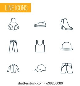 Garment Outline Icons Set. Collection Of Briefs, Fedora, Heels And Other Elements. Also Includes Symbols Such As Jacket, Pants, Evening.