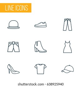 Garment Outline Icons Set. Collection Of Pants, Blouse, Hat And Other Elements. Also Includes Symbols Such As Summer, Pants, Gown.