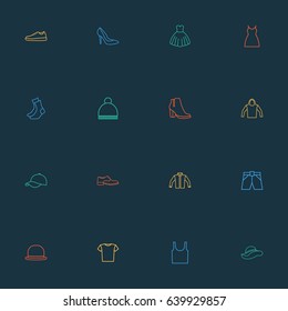 Garment Outline Icons Set. Collection Of Dress, Fedora, Briefs And Other Elements. Also Includes Symbols Such As Napper, Socks, Panama.