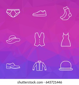 Garment Outline Icons Set. Collection Of Fedora, Boots, Half-Hose And Other Elements. Also Includes Symbols Such As Feminine, Gown, Sox.