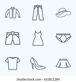 Garment Outline Icons Set. Collection Of Mini, Underpants, Cardigan And Other Elements. Also Includes Symbols Such As Boots, Skirt, Headgear.