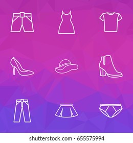 Garment Outline Icons Set. Collection Of Blouse, Shoe, Heels And Other Elements. Also Includes Symbols Such As Girl, Heels, Underpants.