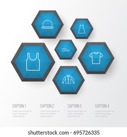 Garment Outline Icons Set. Collection Of Singlet, Gown, Cardigan And Other Elements. Also Includes Symbols Such As Jacket, Shirt, Dress.