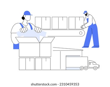 Garment packaging abstract concept vector illustration. Group of factory workers packaging clothes in boxes, light industry, textile and fabrics sector, apparel manufacturing abstract metaphor.