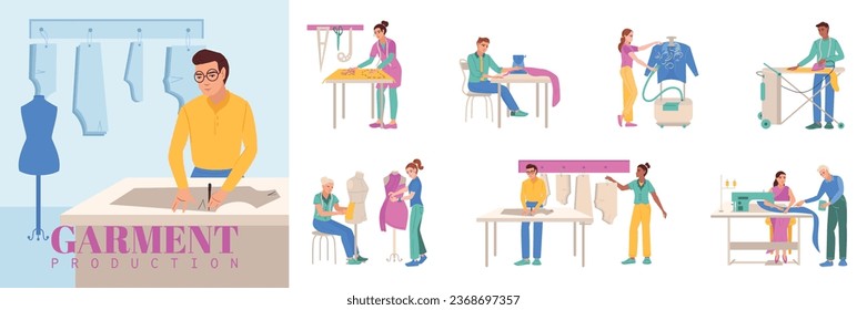 Producción de prendas de vestir composición plana con caracter doodle de sastre con texto y conjunto de iconos aislados ilustración vectorial