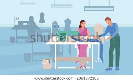 Garment production flat composition with indoor view of manufactory with working places sewing machines and people vector illustration