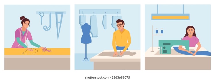 Garment production flat set of square compositions with doodle characters of tailors with instruments and fabric vector illustration