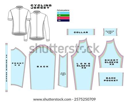 garment sewing pattern, cycling jersey pattern. different sizes, sport clothes