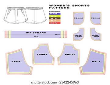 padrão de costura de vestuário, padrão de roupas esportivas. tamanhos diferentes, padrão de calças curtas