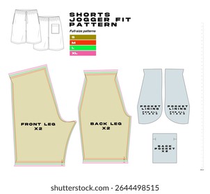 garment sewing pattern, urban clothes pattern. different sizes, shorts jogger fit pattern, clothing sewing