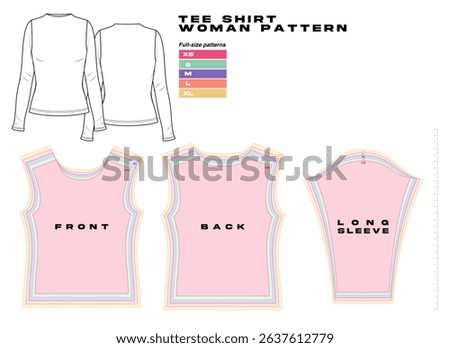 garment sewing pattern, urban clothes pattern. different sizes, t shirt woman slim fit pattern