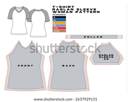 garment sewing pattern, urban clothes pattern. different sizes, t shirt Raglan sleeve pattern, woman tee