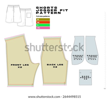 garment sewing pattern, urban clothes pattern. different sizes, shorts jogger fit pattern, clothing sewing