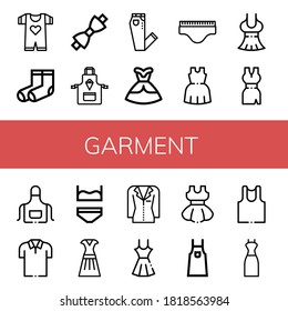 garment simple icons set. Contains such icons as Baby clothes, Socks, Bow tie, Apron, Jeans, Dress, Underwear, Polo shirt, Jacket, Undershirt, can be used for web, mobile and logo